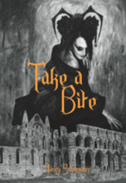 image of the book cover of Take A Bite, showing a lady vampire towering over the ruins of Whitby Abbey